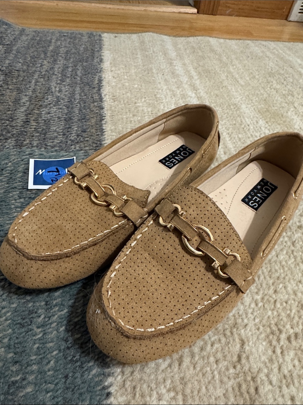 Jones New York Tan Suede Perforated Loafers with Gold Bit Detail